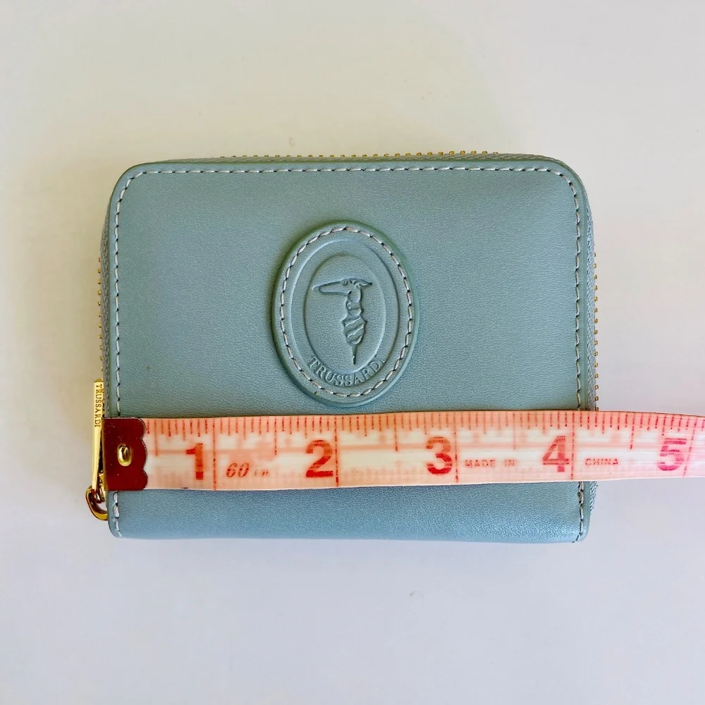 Trussardi Greyhound Logo Light Blue Leather Compact Zip Wallet with Box - Picture 13 of 15